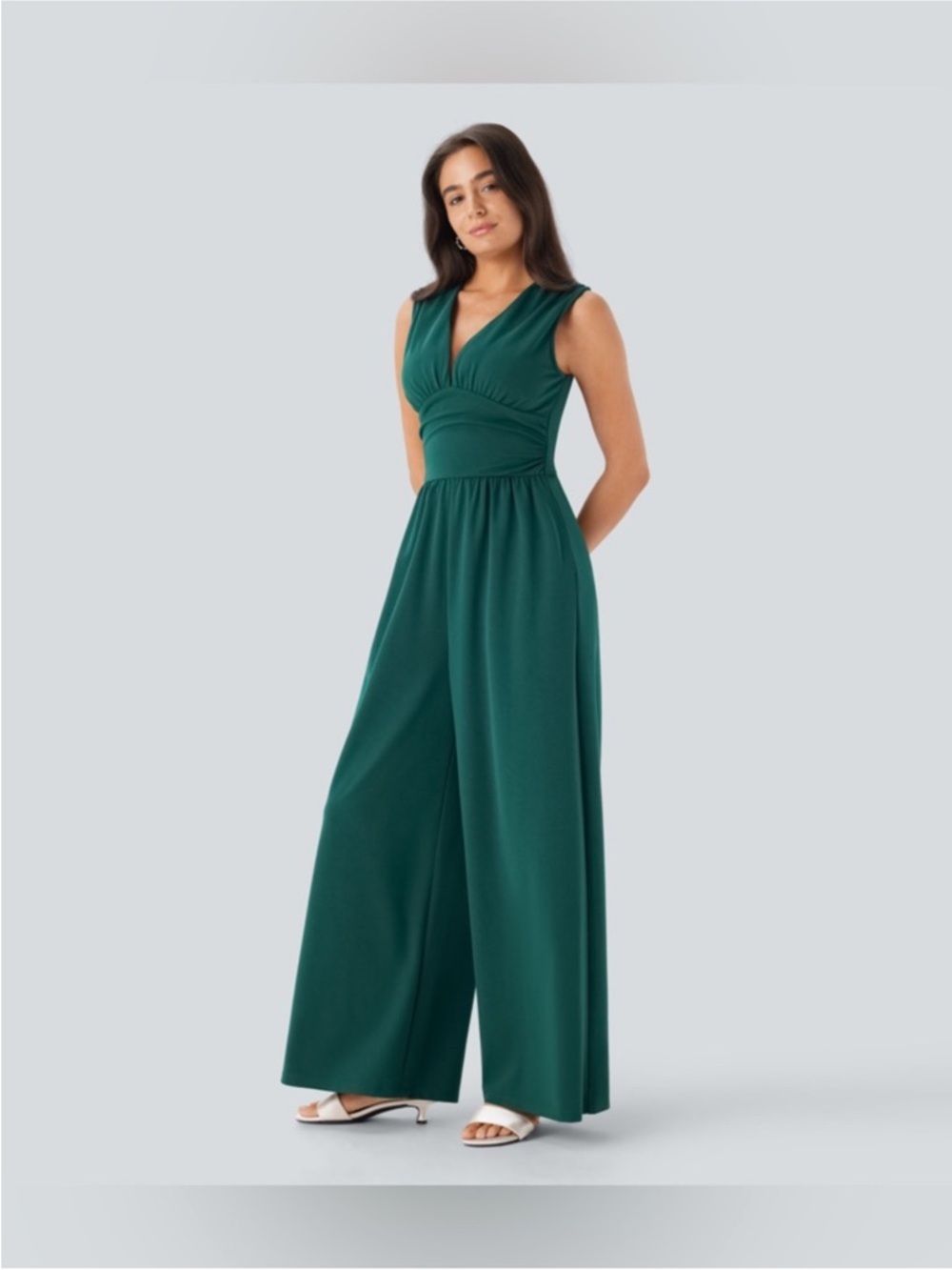 NWT HALARA Sleeveless Wide-Leg V-Neck Jumpsuit in Teal Green - Picture 3 of 8
